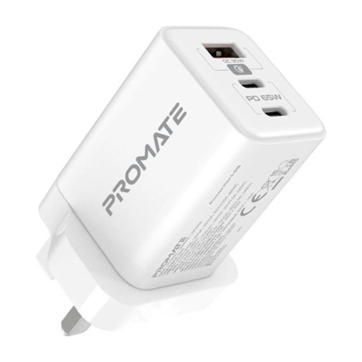 Promate 65W USB-C Power Delivery GAN Charger Universal Powerful GAN Tech Fast Charger with 2 Type C Port Adaptive Charging and Over Charging Protection for USB-C Powered Devices Powerport 65 UK - Cloud White