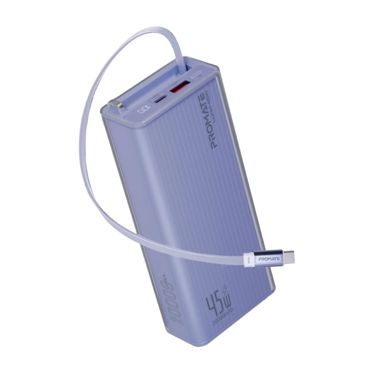 Promate 20000mAh Power Bank Lucid-45W with 45W USB-C PD Fast Charging, Retractable USB-C Cable, LED Digital Display, Triple Device Charging for iPhone, Galaxy, iPad & more - Purple