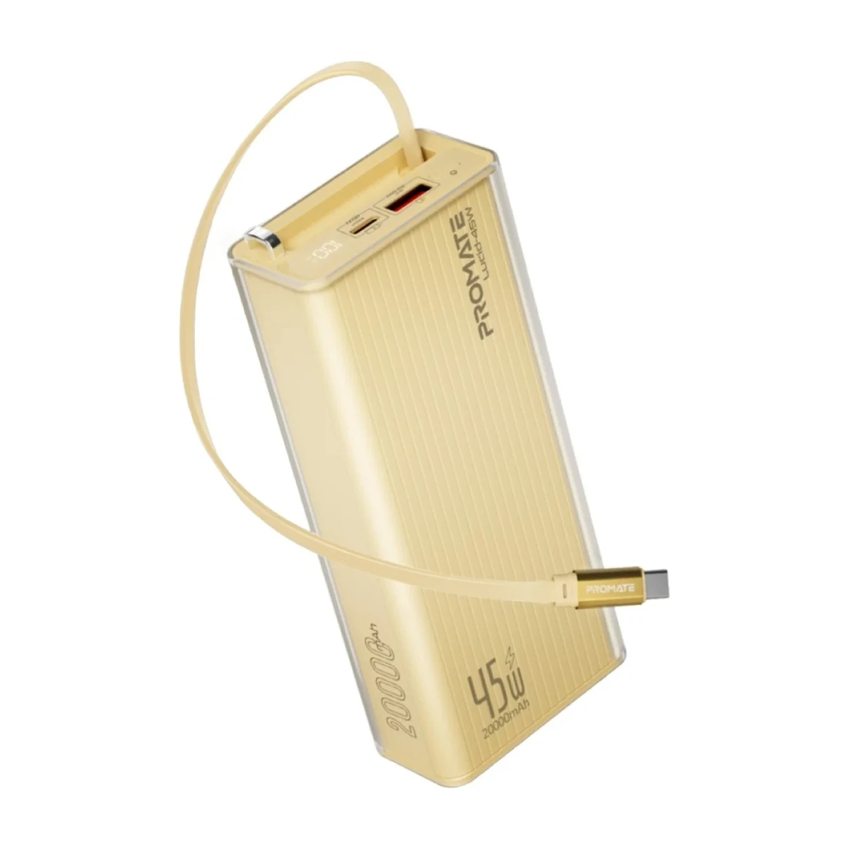 Promate 20000mAh Power Bank Lucid-45W with 45W USB-C PD Fast Charging, Retractable USB-C Cable, LED Digital Display, Triple Device Charging for iPhone, Galaxy, iPad & more - Beige