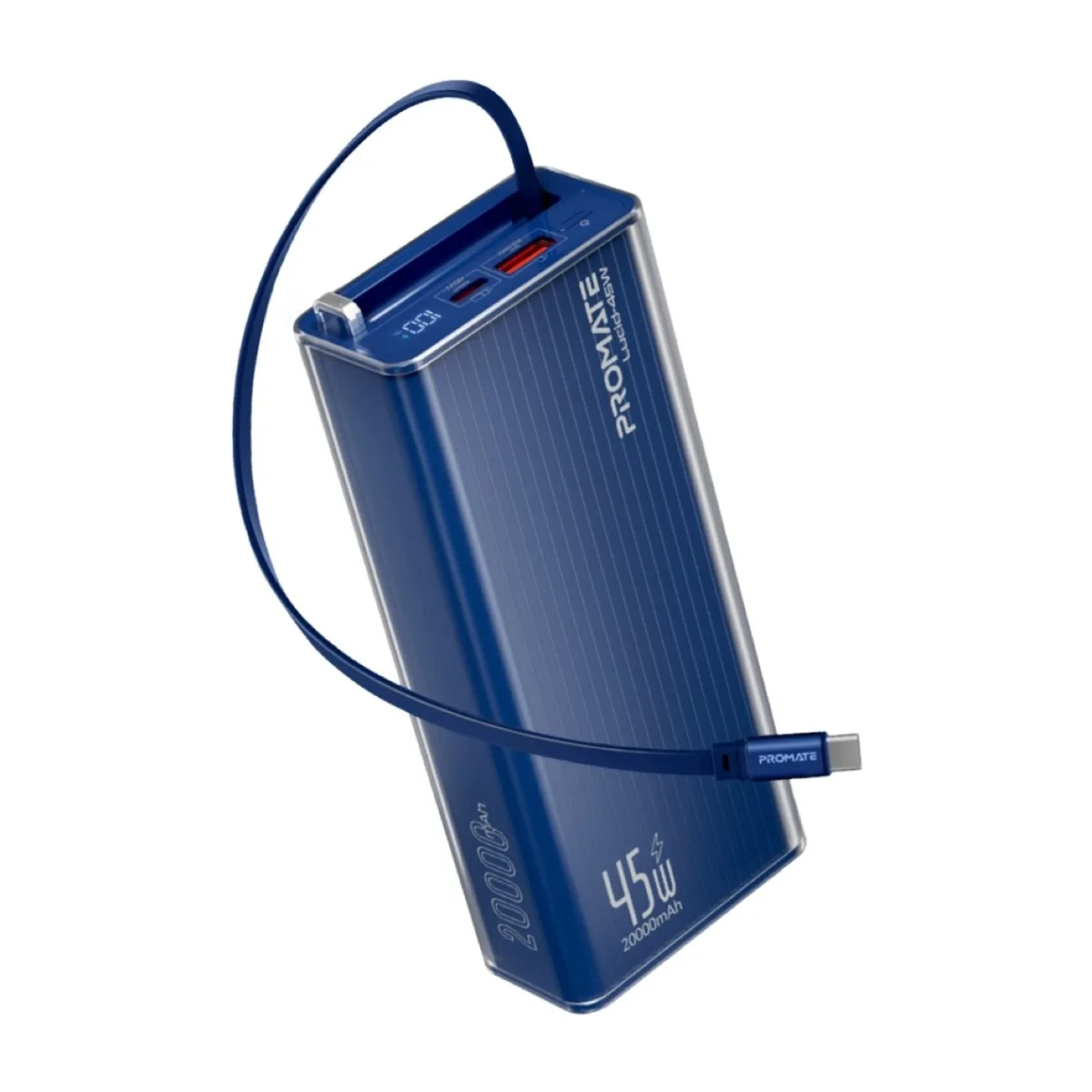 Promate 20000mAh Power Bank Lucid-45W with 45W USB-C PD Fast Charging, Retractable USB-C Cable, LED Digital Display, Triple Device Charging for iPhone, Galaxy, iPad & more - Deep Blue